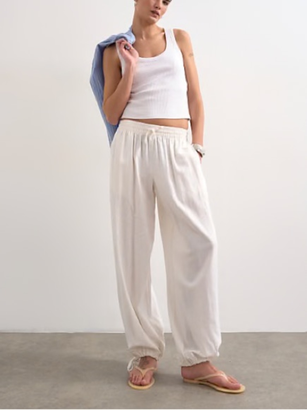 Structure Vintage Cream Wide-Leg Drawstring linen blend Pants
